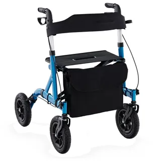 Costway Rollator faltbar und leicht mit Sitz 2 in 1 Rollstuhl & Reiserollator blau