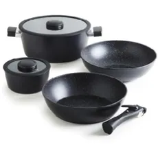 Qulinart - Stapelbares Topfset aus Hochwertigem Aluminiumguss - 5 Teile mit Abnehmbarem Griff + 2 Töpfe in 28 cm & 16 cm + Pfanne 28 cm + Wok 28 cm - Schwarz