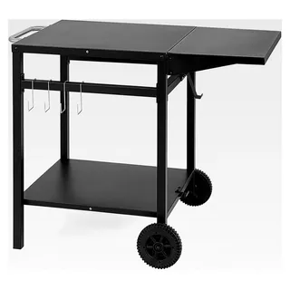 Giantex Grilltisch mit klappbarer Arbeitsplatte, Campingtisch mit Rollen, Servierwagen Küchenwagen Metall mit 2 Ablagen - 4 Haken, Rollwagen Allzweckwagen Zubereitungswagen für Garten Küche, Schwarz