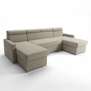 Sofiland Vega U Wohnlandschaft mit Bonell-Federkern & Schlaffunktion, 2 Bettkasten, Ecksofa U-Form, Samt-Stoff Best, 305x151 cm (Beige) - Beige