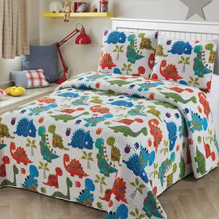Kids Zone Home Linen 2-teiliges Bettwäsche-Set für Doppelbett, Kinder/Teenager, Jungen, Mädchen, Dinosaurier, Weiß, Blau, Grün, Orange, Baby Dinosaours Mehrfarbig