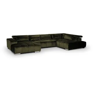 Mivano Wohnlandschaft Orion / Riesige Couch in U-Form inkl. XL-Recamiere und Kopfteilfunktion / 409 x 73 x 225 / Velours, Grün