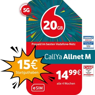 Vodafone Prepaid CallYa M eSIM | 20 GB | 15 EUR Startguthaben | ohne Vertrag | 5G-Netz | Telefon- SMS-Flat | EU-Roaming