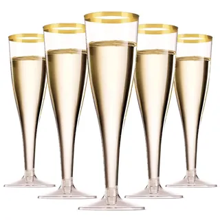 LATERN 50 Stück Champagnergläser mit Goldrand, 150ml Champagnergläser aus Kunststoff Wiederverwendbare Party-Weinbecher mit Stiel für Garten Hochzeit Jubiläum Dusche Partys (5 x 17cm)