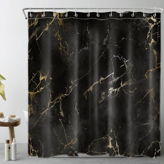 LB Schwarzer Marmor Duschvorhang 180x200cm Gold gestreift Antischimmel Wasserdicht Badezimmer Vorhänge, Abstrakt Geometrisch Extra Lange Polyester Stoff Bad Vorhang mit Haken