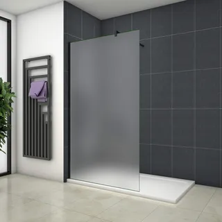 Aica Sanitär Duschwand Walk In Dusche 80cm Duschabtrennung 10mm NANO Milchglas Glas Duschtrennwand 200cm Höhe Splitterschutzfolie mit Schwarzen Anbauteilen