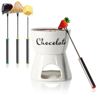 com-four® Schokoladenfondue-Set mit Schriftzug - Schmelztopf für Schokolade und Käse - Keramikschale mit Teelichthalter und 4 Gabeln - Schmelztiegel-Dipschale für 4 Personen (weiß - Schriftzug)