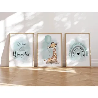 MeinBaby123® I Bilder Kinderzimmer | 3er Set DIN A4 Poster Set | Wandbilder | Kinderzimmer Poster | Deko Bilder Mädchen und Jungen | Wandposter Premium (Giraffe & Luftballon mint)