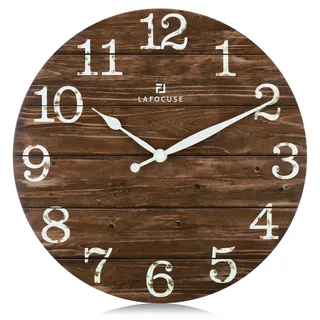Lafocuse Rustikal Wanduhr Holz Lautlos, Vintage Retro Wanduhr Braun, Shabby Chic Deko Ohne Ticken für Wohnzimmer Schlafzimmer Küchen Büro 30cm