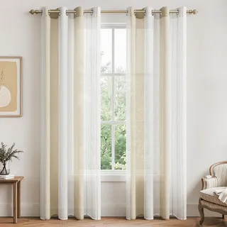 MRTREES Vorhänge halbtransparent, tüll Gardinen Wohnzimmer Vorhang Beige + Weiß, Vorhänge gestreifte Schlafzimmer mit Ösen Gardine 2 Stücke je 245 cm lang 140 cm breit