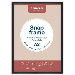 Europel leichte Klapprahmen DIN A2 mattschwarz pulverbeschichtet, Easy-Click System, Profil 25x11 mm, eloxierte Aluminium und blendfreie Schutzfolie, Außenmaß 451x625 mm, grau Polystyrol Rückseite