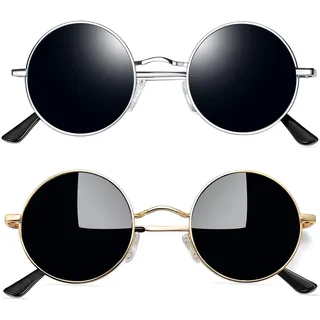 Joopin Hippie Sonnenbrille Runde Herren Retro Sonnenbrille Schwarz Vintage und Polarisierte Sonnenbrille Damen Rund 2 Pack (Silber Schwarz und Gold Schwarz)