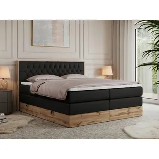 MKS Meble King Boxspringbett 160x200 mit Bettkasten Eiche, Polsterbett 160x200 mit Matratze H3, Bett 160x200 mit Kopfteil, Bett mit Holzrahmen in Wotan Eiche - Schwarz Kunstleder - Amore King - Schwarz