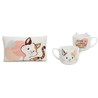NICI 2-er Bundle Kissen Glückskatze 43x25cm & Tasse Glückskatze 350ml