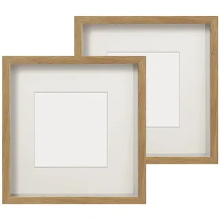Anhow 2er 3D Bilderrahmen 23x23 cm, Echtglas 3D Bilderrahmen zum Befüllen 3cm Tiefer Objektrahmen mit Beige Passepartout Passend für 13x13 cm Fotos - Holzfarbe