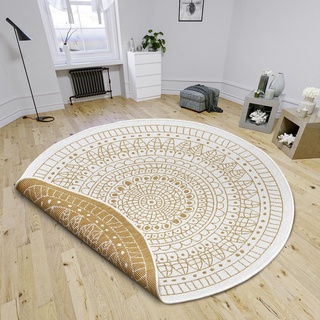 Northrugs Porto In- Outdoor Teppich Rund – Runder Wendeteppich Wasserfest Mandala Design Flachgewebe Teppich Wetterfest Balkon, Garten, Wohnzimmer in Ocker, ⌀100cm