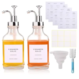Kqpoinw Sirup Spender Essig und Ölflaschen Set, 2 x 500ml Kaffeesirup Glas, Kaffee Sirup Pumpspender Set mit Ausgießer für Küche Coffee Bar, Öl und Essigspender mit 48 Aufkleber und Trichter