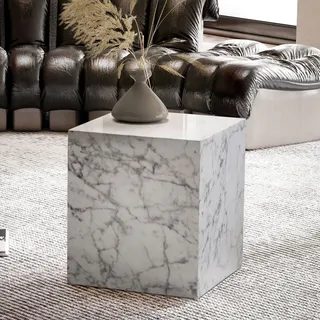 FineBuy Couchtisch MONOBLOC 40 cm Hochglanz mit Marmor Optik Weiß Wohnzimmertisch Cube Quadratisch Design Sofatisch Lounge Beistelltisch Würfel-Form - Weiß