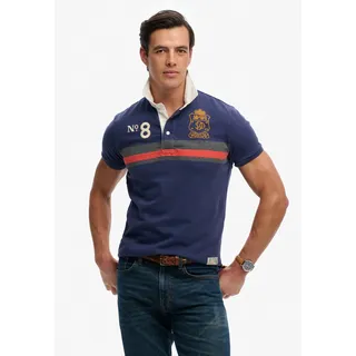 Poloshirt SUPERDRY "DOUBLE EMBLEM JERSEY SS RUGBY", Gr. L, navy, orange chest band stripe, Single Jersey, Obermaterial: 100% Baumwolle, gestreift, relaxed fit normal, Rundhals, Shirts Poloshirt, im angesagten Rugby Stil