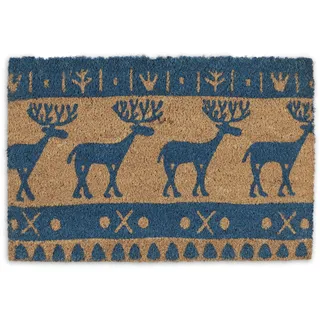 Relaxdays Fußmatte Kokos, Weihnachten, Rentier, 60 x 40 cm, Fußabtreter innen & außen, rutschfeste Türmatte, blau/natur