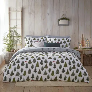 furn. Evergreen Bettwäsche Set (Grün - Doppelbett) | Wendbar 100% Gebürstete Baumwolle Weihnachtsbaum Punkte Festliche Bettwäsche
