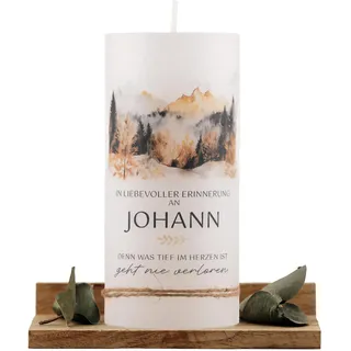 Personalisierte Trauerkerze mit Name und Wunschtext | moderne Rustikkerze | Gedenkkerze | Erinnerungskerze | Individuelle Kerze zum Abschied | Berge Wald Meer(Berge, Klein - 7x15cm)