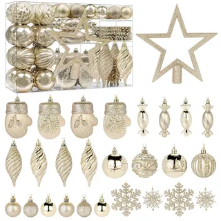 Alupssuc 80-teiliges Set mit Weihnachtskugeln in verschiedenen Formen mit Haken, Christbaumschmuck, bruchsichere Kunststoffdekorationen für Feiertage, Partys und Hochzeiten, Champagner-Gold