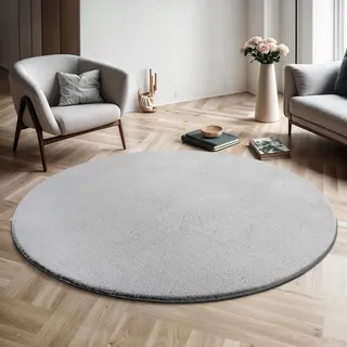 Mia's Teppiche Comfort Moderner Flauschiger Kurzflor Teppich, Anti-Rutsch Unterseite, Waschbar bis 30 Grad, Super Soft, Felloptik, Grau, 200 cm Rund