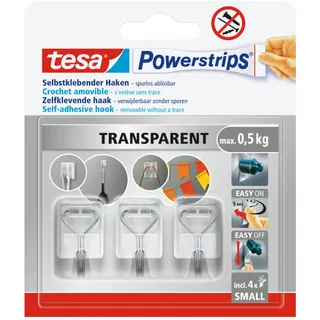 tesa Powerstrips Klebehaken Small - selbstklebende Haken mit abnehmbarem Drahthaken - wiederverwendbare Wandhaken für Bad oder Küche - Montage ohne Bohren - Transparent - 3 x Haken, 4 x Powerstrips