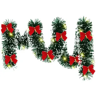 5m Weihnachtsgirlande Treppe mit Beleuchtung und Timer, Girlande Weihnachten Aussen, Weihnachtsgirlanden Kamin, Beleuchtete Weihnachtsdeko Girlande Outdoor Grün Rot Schnee