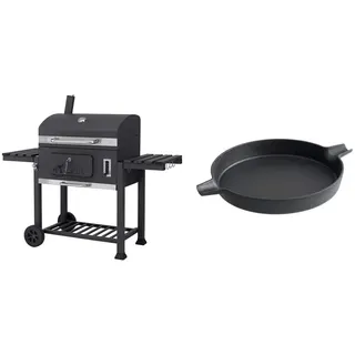 tepro 1165 Holzkohlegrill Grillwagen Toronto XXL, Anthrazit/Edelstahl, Grillfläche: ca. 71,5 x 46 cm & Grillzubehör Guss-Pfanne-Einleger ca. 31,7 Ø, Rost in Rost System rund 57 cm Ø