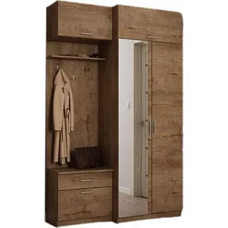 Meblast | Garderoben-Set 140 cm mit Spiegel - Flurmöbel mit Einlegeböden, Schubladen & Kleiderhaken | Lefkas-Eiche | Praktisch, Hochwertig - Braun