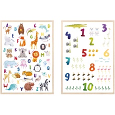 MeinBaby123® Bilder Kinderzimmer | 2er Set A4 Poster Set | Alphabet ABC Lernposter Zahlen mit Tiere | Deko Kinderzimmer Babyzimmer | Wandposter Premium (Alphabet & Zahlen - Set 1)