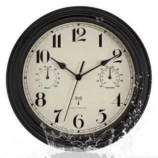 Foxtop Funk Wanduhr, Innen Draussen Wetterfeste Wanduhr mit Temperaturanzeige und Hygrometer, Ohne Tickgeräusche Lautlos Retro Uhr für Terrasse Badezimmer küche Wohnzimmer Heim Dekor(Bronze,30cm)