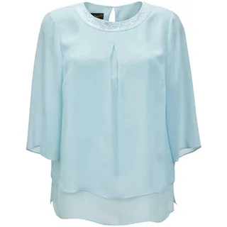 Kurzarmbluse GOLDNER "Luftige Chiffonbluse mit Pailletten", Damen, Gr. 44, blau (blautürkis), Obermaterial: 100% Polyester PES., festlich, figurumspielend, weit Sonstiges, Blusen Kurzarmbluse, Mit Pailletten und Perlen am Ausschnitt