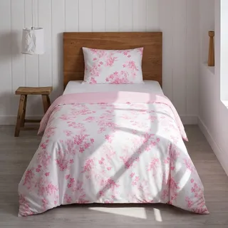LERUUM Bettwäsche 135x200 Baumwolle Mädchen Rosa Blumen Gestreift Wendbar | 100% Baumwolle OEKO-TEX Zertifiziert, Weich & Atmungsaktiv, 1 Kissenbezug 80x80, Für Teenager, Ideal für Alle Jahreszeiten