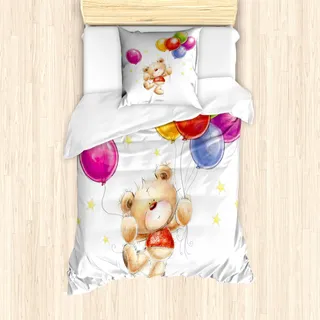 ABAKUHAUS Karikatur Mantele, Teddybär mit Baloon, Milbensicher Allergiker geeignet mit Kissenbezügen, 135 cm x 200 cm - 80 x 80 cm, Mehrfarbig