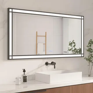 AQUABATOS großer LED Badspiegel mit Beleuchtung 140x70 cm Fensteroptik Fensterspiegel Lichtspiegel Badezimmer Aluminium Schwarzer Rahmen Industrial Style Dimmbare Kaltweiß Warmweiß Beschlagfrei