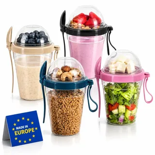 IDOBY Müslibecher to Go 4er-Set, Praktischer Joghurtbecher to go, Unterteilung für Joghurt & Müsli, Cornflakes to Go,%100 BPA-FREI, Perfekt für Schule und Büro, Obstbehälter, mit Löffel 600 ML