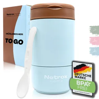 NetroxHome - Müslibecher To Go mit Löffel, Auslaufsicherer Joghurtbecher To Go aus Edelstahl, Lunchbox, Müslibecher - To Go Becher für Müsli, Joghurt, Porridge, Suppen - Müsli To Go Becher - Kinder