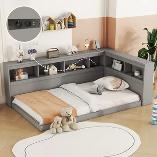 okwish Schlafsofa Daybett 90x200cm mit Lattenrost aus holz , Tagesbett Kinderbett Jugendbettmit Steckdose und 2 USB-Anschlüssen(Ohne Matratze)- Grau - Grau