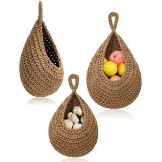 Hängende Wandkörbe, 3 Stück Hängekorb Küche, Wandhängender Obstkorb, Aufbewahrungskorb Geflochten, Hängekorb für Küchendekoration, Wohnzimmer, Bad, Obstkorb Hängend Jute (Braun-3)