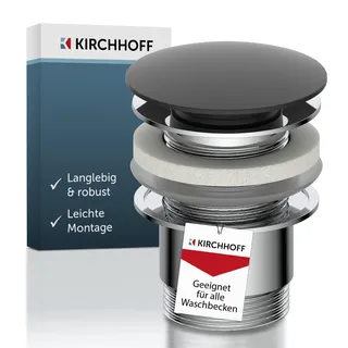 Kirchhoff Universal Waschbecken Ablaufgarnitur, Pop Up Waschbeckenstöpsel, Ablaufventil mit Überlauf, Abfluss Stöpsel für Badezimmer Waschbecken & Waschtisch, 98807420, Schwarz Matt/Chrom