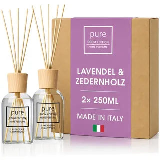 PURE ROOM EDITION 2X 250ml Lavendel & Zedernholz Raumduft | natürliche Inhaltsstoffe, vegan & tierversuchsfrei, Bio-Alkohol, Diffuser mit Stäbchen hergestellt in Italien