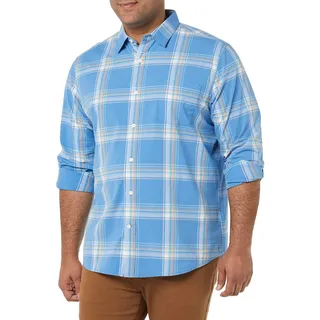 Amazon Essentials Herren Langärmeliges Business Hemd aus Popeline Normale Passform, Hellblau Orange Karomuster, XXL