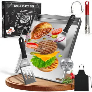 JONRRYIN Plancha Grillplatte Edelstahl [40 x 30cm], 4mm Massive Grillplatte Gasgrill mit Abnehmbarem Griff, Verzugsfreier Plancha Grill mit Grillspachtel Set, Grillmatte für Gas- & Kohlegrill
