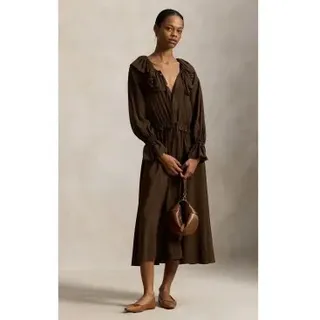 Polo Ralph Lauren für Damen. 211A96366001 Braunes Kleid aus gerafftem Crêpe mit Volants (38), Lässig, Viskose, Langarm