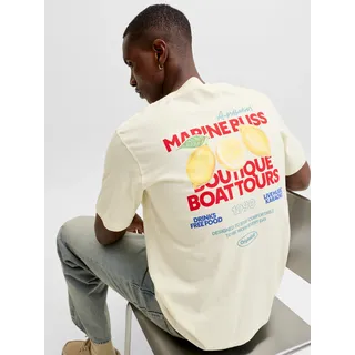 T-Shirt JACK & JONES "JORRIVIERA VINTAGE POSTER BACK TEE SS CN", Herren, Gr. M, beige (antique weiß), Jersey, Obermaterial: 100% Baumwolle, bedruckt, regular fit normal, Rundhals, gerader Abschluss, Shirts T-Shirt, mit Print