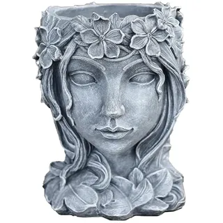 Laluky Frauenkopf Sukkulenten Topf Frau Figur Blumentopf Desktop Sukkulenten Blumenhalter Harz Vase Kreativer Pflanzgefäß Gartentopf für Home Office (Grau)