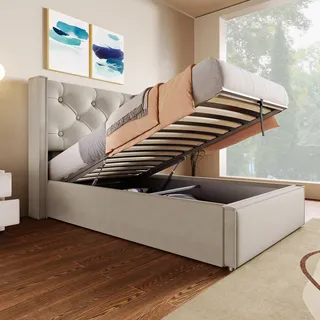 Flieks Polsterbett 90x200cm mit Lattenrost, Hydraulisches Boxspringbett mitStauraum, Einzelbett mit Bettgestell Stauraumbett Funktionsbett, Hellgrau - Hellgrau